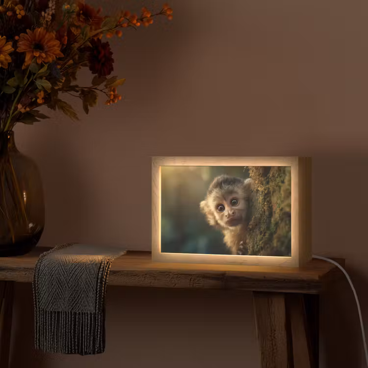 Aap - Boomstronk - Bruin Light Box met kabel (Tafellamp) klein -sfeer4