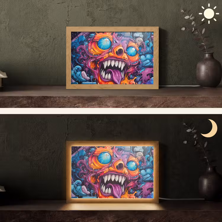 Monster - Graffiti - Kleuren - Oranje Light Box met kabel (Tafellamp) klein -sfeer3