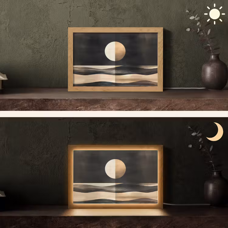 Maan - Cirkel - Goud Light Box met kabel (Tafellamp) klein -sfeer3