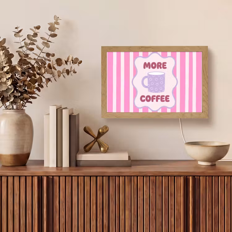 More coffee - Roze - Paars - Strepen - Mok Light Box met kabel (Tafellamp) klein -sfeer2