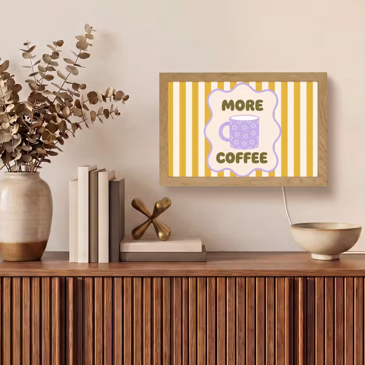 More coffee - Geel - Paars - Strepen - Mok Light Box met kabel (Tafellamp) klein -sfeer2