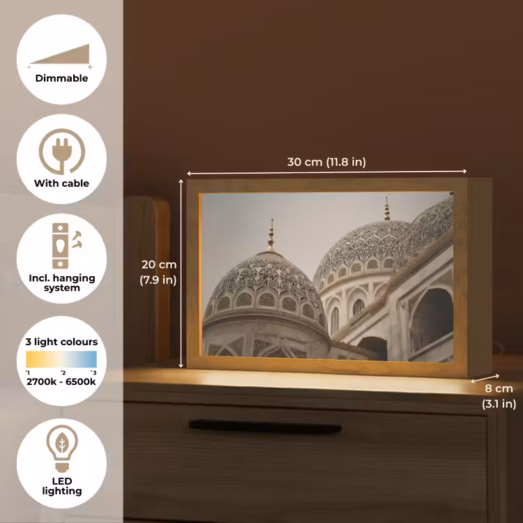 Mozaïekkoepels - Gouden spitsen - Islamitisch Light Box met kabel (Tafellamp) klein -USP_EN
