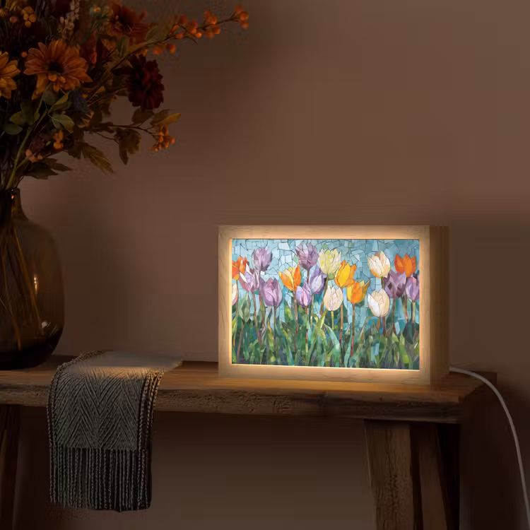 Mozaïek - Veld - Tulpen - Kleurrijk Light Box met kabel (Tafellamp) klein -sfeer4
