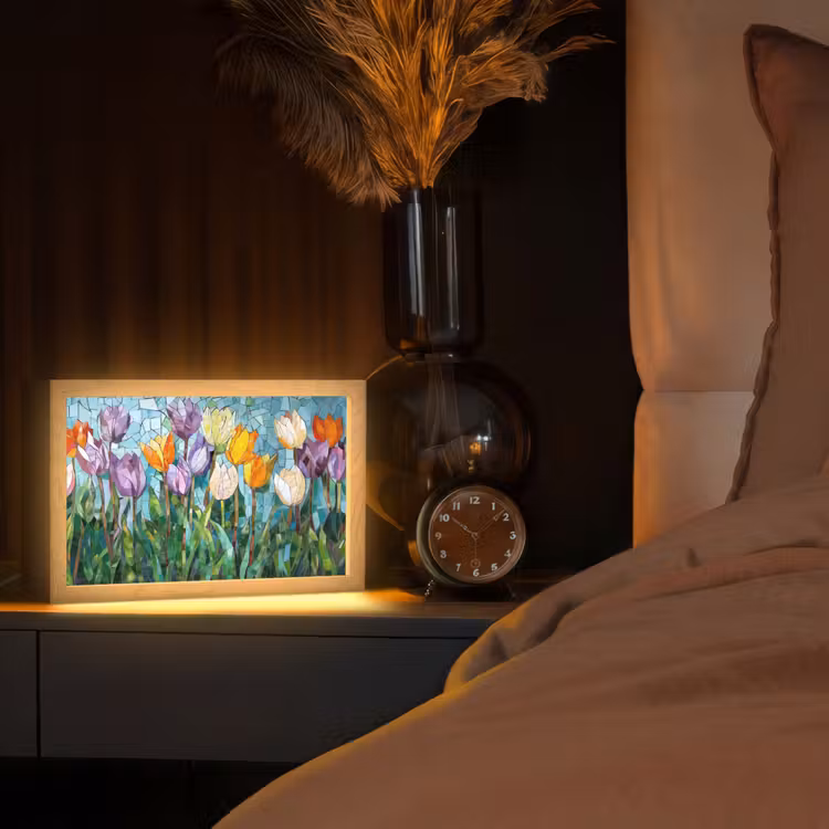 Mozaïek - Veld - Tulpen - Kleurrijk Light Box met kabel (Tafellamp) klein -sfeer1