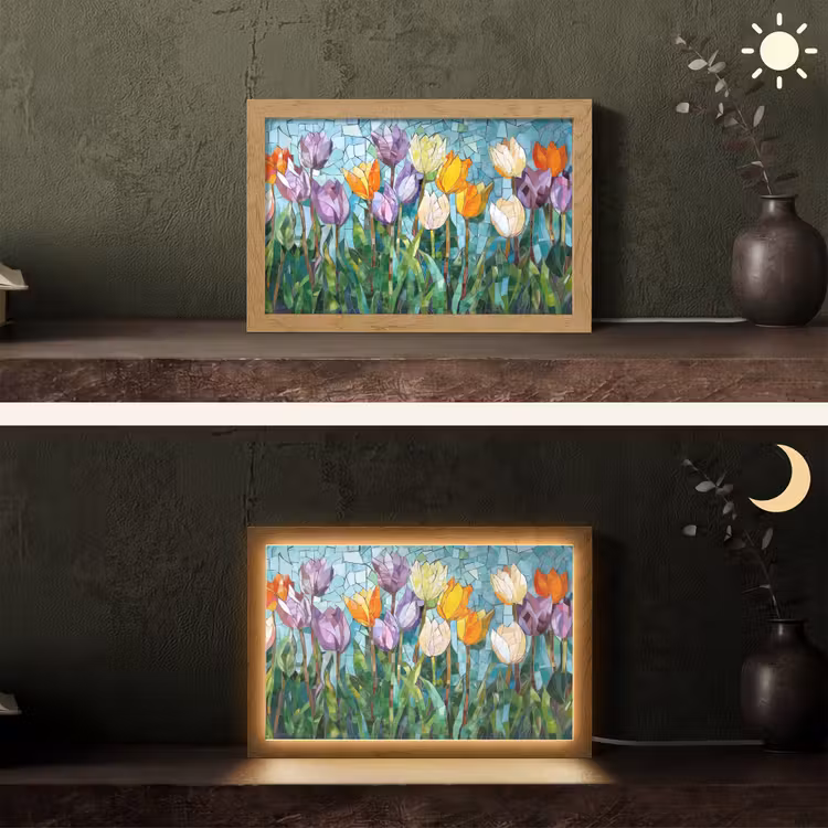 Mozaïek - Veld - Tulpen - Kleurrijk Light Box met kabel (Tafellamp) klein -sfeer3