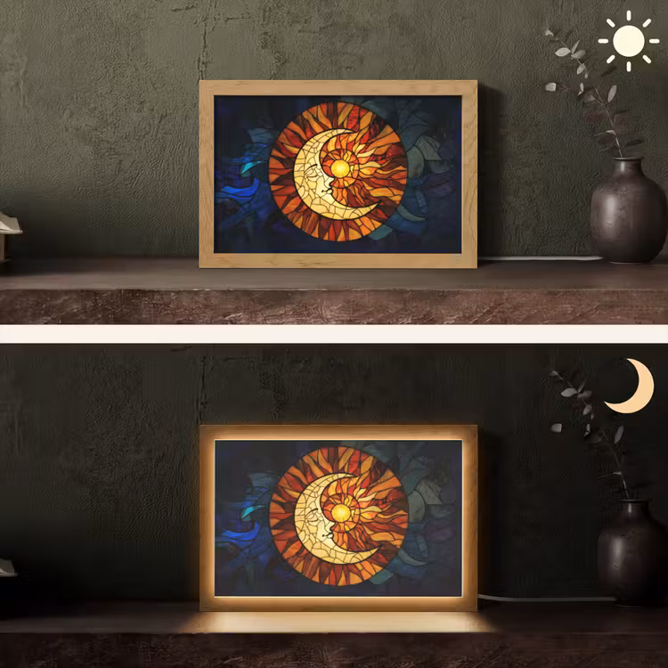 Mozaïek - Glas - Maan - Donkerblauw Light Box met kabel (Tafellamp) klein -sfeer3