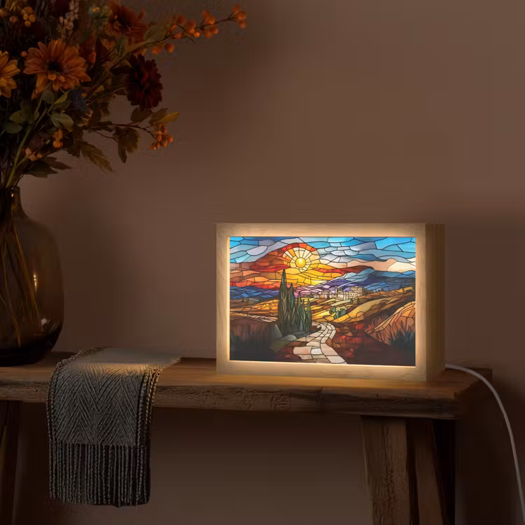 Mozaïek - Zon - Landschap - Dorp Light Box met kabel (Tafellamp) klein -sfeer4