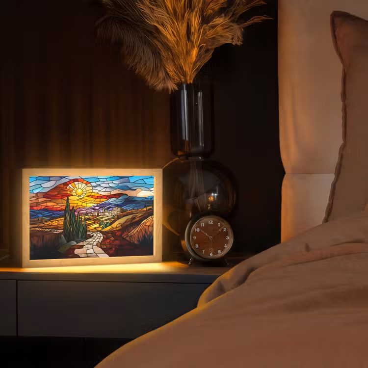 Mozaïek - Zon - Landschap - Dorp Light Box met kabel (Tafellamp) klein -sfeer1