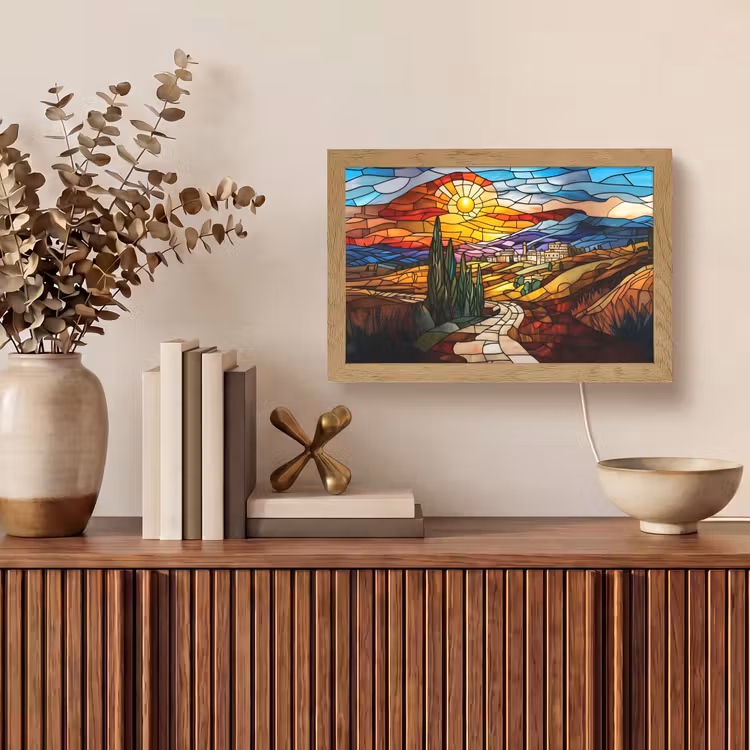 Mozaïek - Zon - Landschap - Dorp Light Box met kabel (Tafellamp) klein -sfeer2