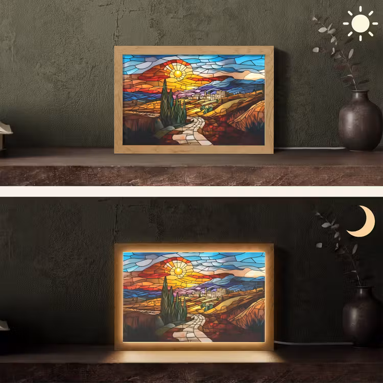 Mozaïek - Zon - Landschap - Dorp Light Box met kabel (Tafellamp) klein -sfeer3