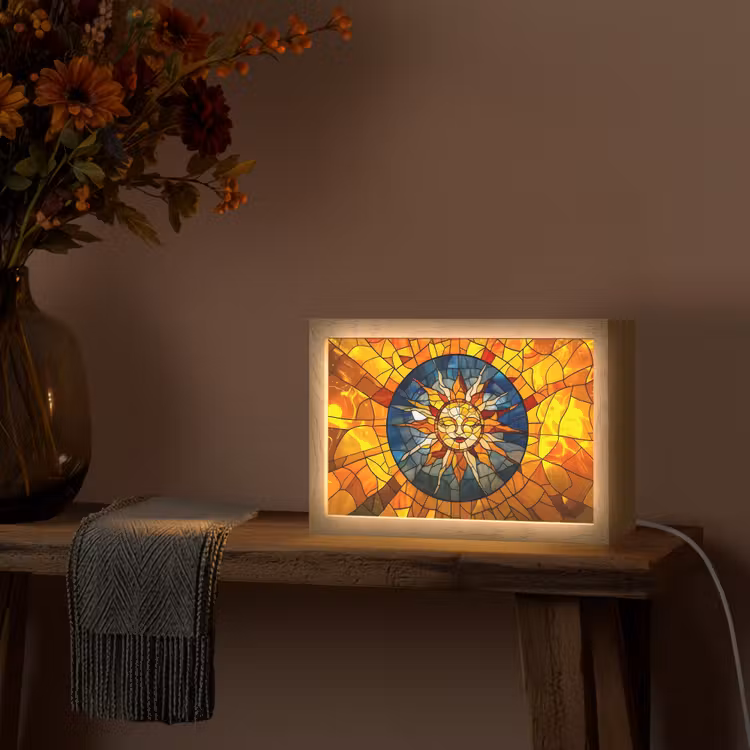 Mozaïek - Zon - Geel - Cirkel Light Box met kabel (Tafellamp) klein -sfeer4