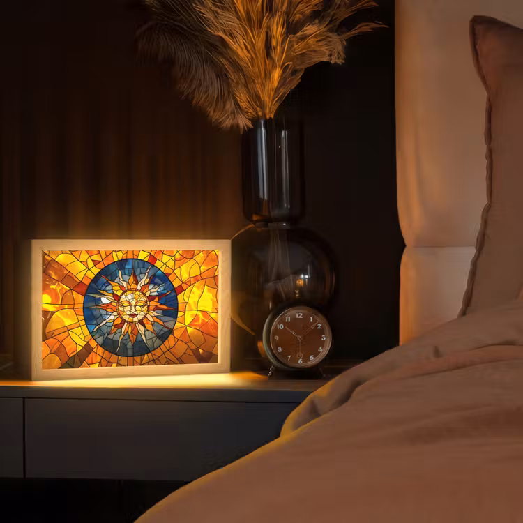 Mozaïek - Zon - Geel - Cirkel Light Box met kabel (Tafellamp) klein -sfeer1