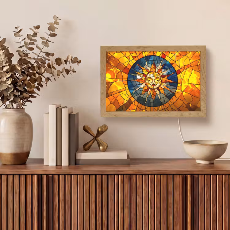 Mozaïek - Zon - Geel - Cirkel Light Box met kabel (Tafellamp) klein -sfeer2