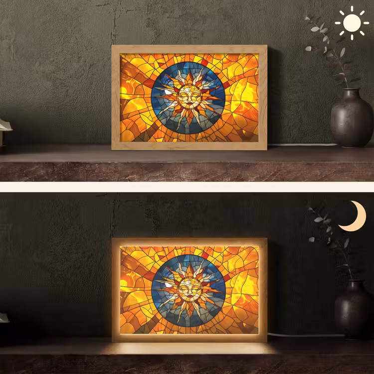 Mozaïek - Zon - Geel - Cirkel Light Box met kabel (Tafellamp) klein -sfeer3
