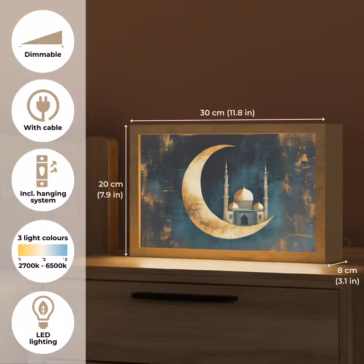 Moskee - Halve maan - Goud - Ramadan - Islamitische Light Box met kabel (Tafellamp) klein -USP_EN