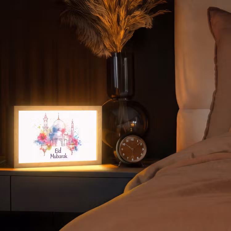 Moskee - Eid Mubarak - Suikerfeest - Kleurrijk - Ramadan - Islamitische Light Box met kabel (Tafellamp) klein -sfeer1