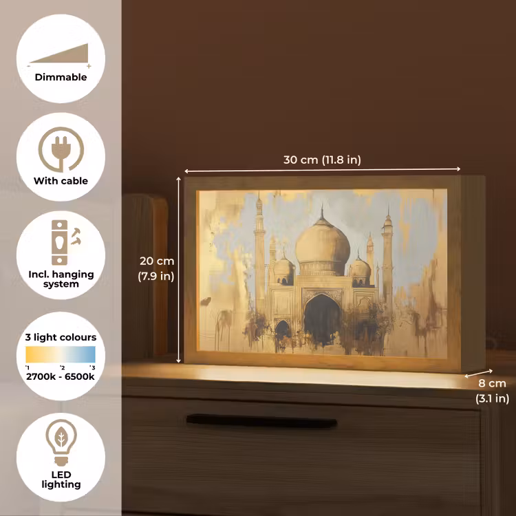 Moskee - Goud - Arabisch - Ramadan - Islamitische Light Box met kabel (Tafellamp) klein -USP_EN
