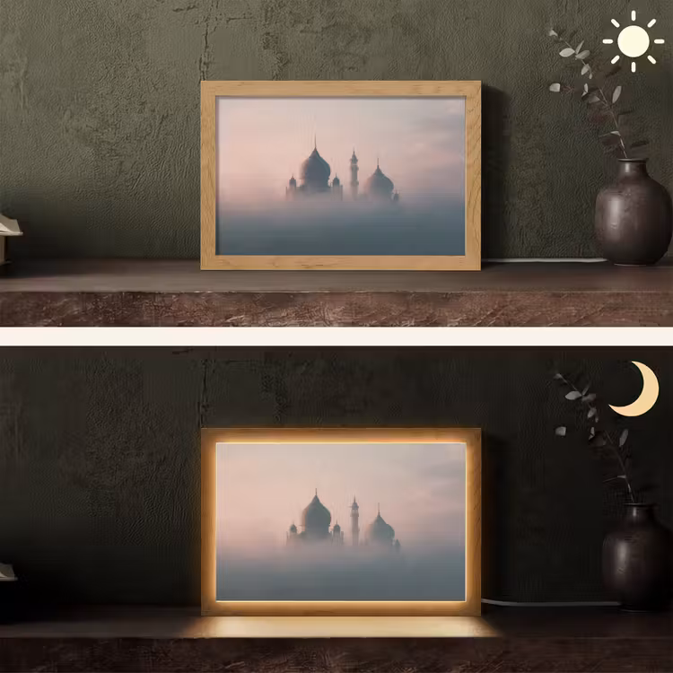 Moskee - Minaretten - mist - Islamitisch Light Box met kabel (Tafellamp) klein -sfeer3