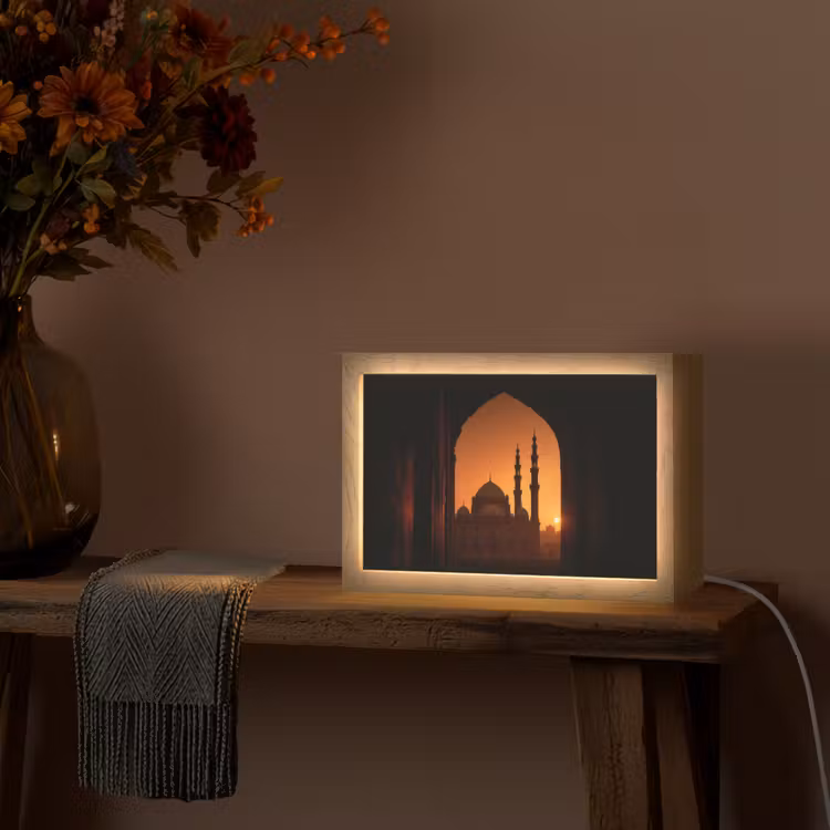 Moskee - Oranje lucht - Islamitisch Light Box met kabel (Tafellamp) klein -sfeer4