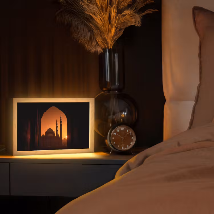 Moskee - Oranje lucht - Islamitisch Light Box met kabel (Tafellamp) klein -sfeer1