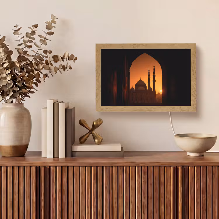 Moskee - Oranje lucht - Islamitisch Light Box met kabel (Tafellamp) klein -sfeer2