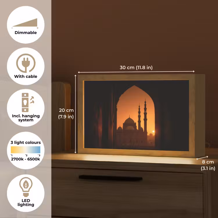 Moskee - Oranje lucht - Islamitisch Light Box met kabel (Tafellamp) klein -USP_EN