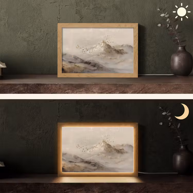 Berglandschap - Mist - Penseelstreken Light Box met kabel (Tafellamp) klein -sfeer3