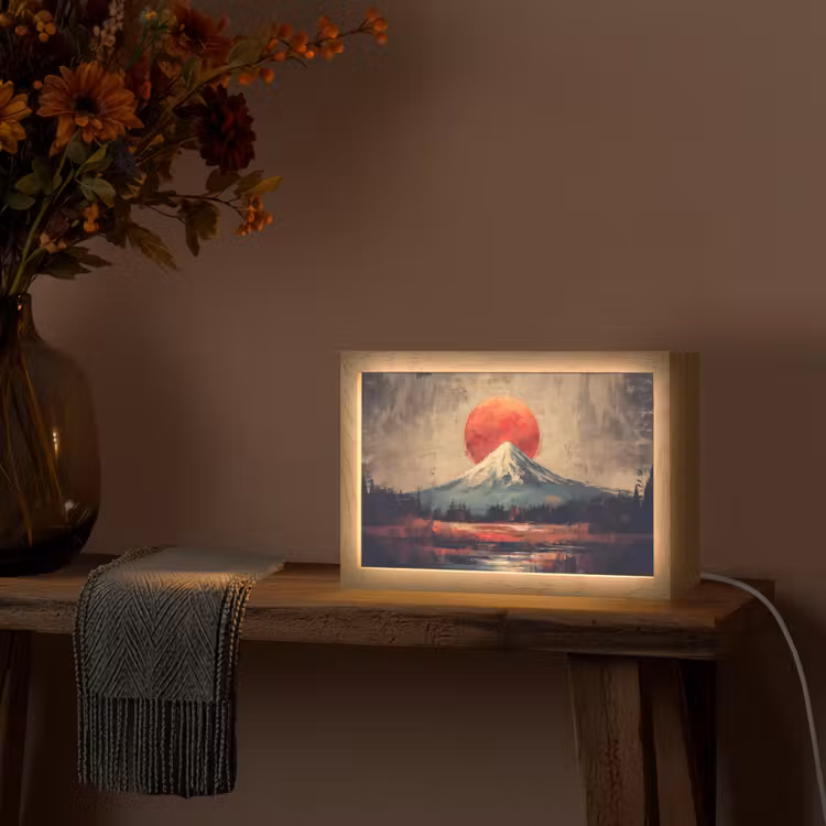 Bergtop - Sneeuw - Zon Light Box met kabel (Tafellamp) klein -sfeer4