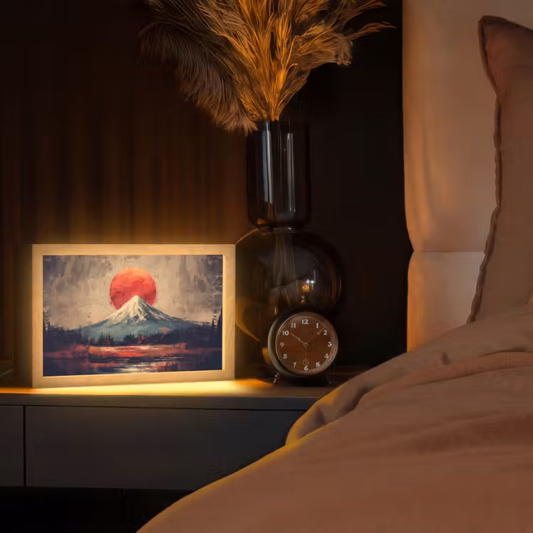 Bergtop - Sneeuw - Zon Light Box met kabel (Tafellamp) klein -sfeer1