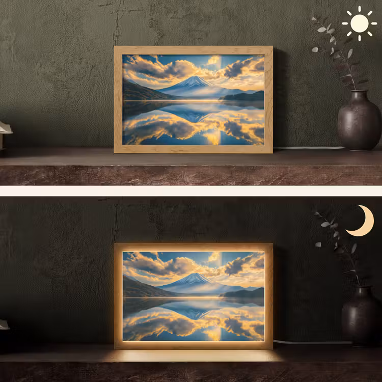 Berg - Rivier - Zonsondergang Light Box met kabel (Tafellamp) klein -sfeer3