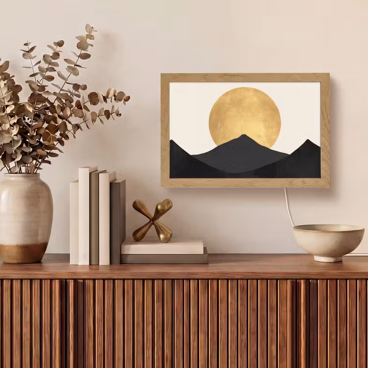 Bergsilhouetten - Gouden cirkel - Beige Light Box met kabel (Tafellamp) klein -sfeer2