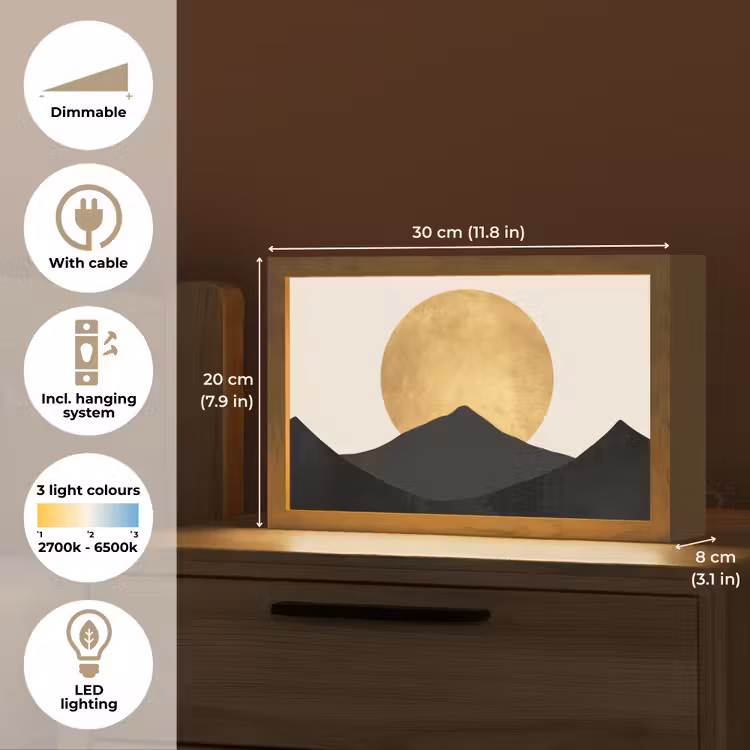 Bergsilhouetten - Gouden cirkel - Beige Light Box met kabel (Tafellamp) klein -USP_EN