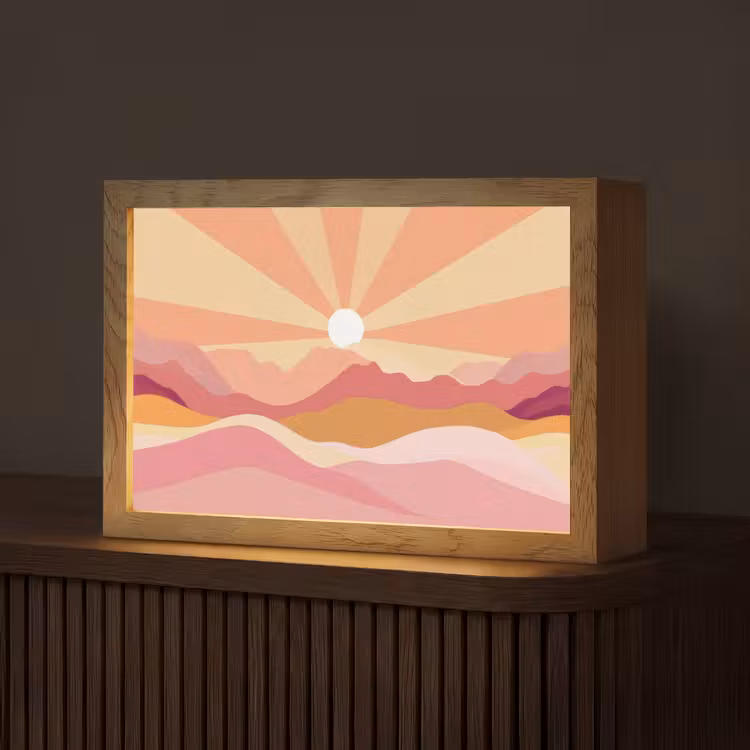 Bergen - Abstract - Zonnestralen - Roze Light Box met kabel (Tafellamp) klein -z3d_website
