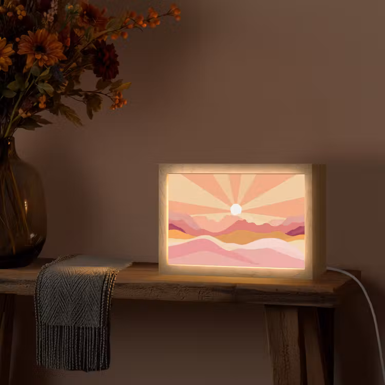Bergen - Abstract - Zonnestralen - Roze Light Box met kabel (Tafellamp) klein -sfeer4