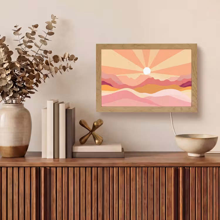 Bergen - Abstract - Zonnestralen - Roze Light Box met kabel (Tafellamp) klein -sfeer2