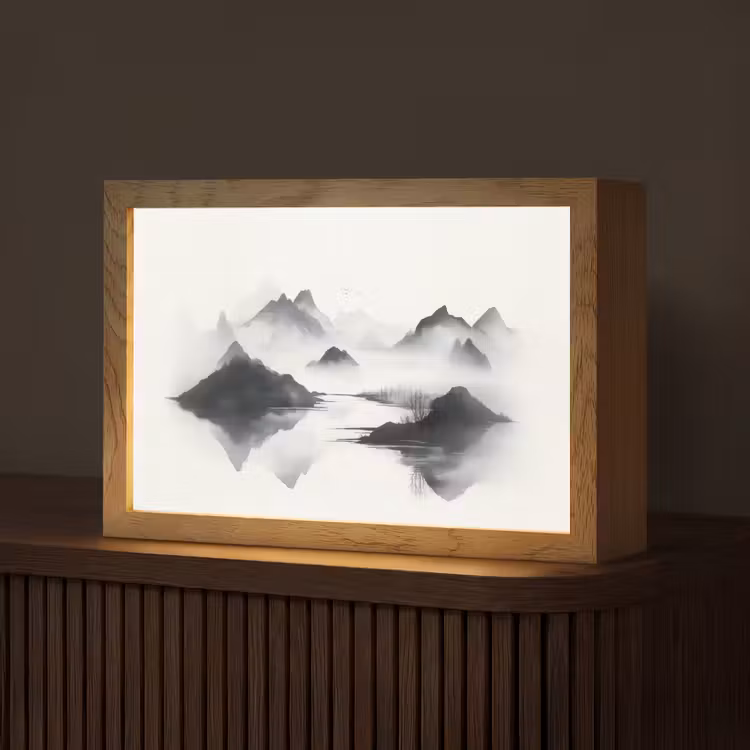 Bergen - Mistig - Water - Wit Light Box met kabel (Tafellamp) klein -z3d_website