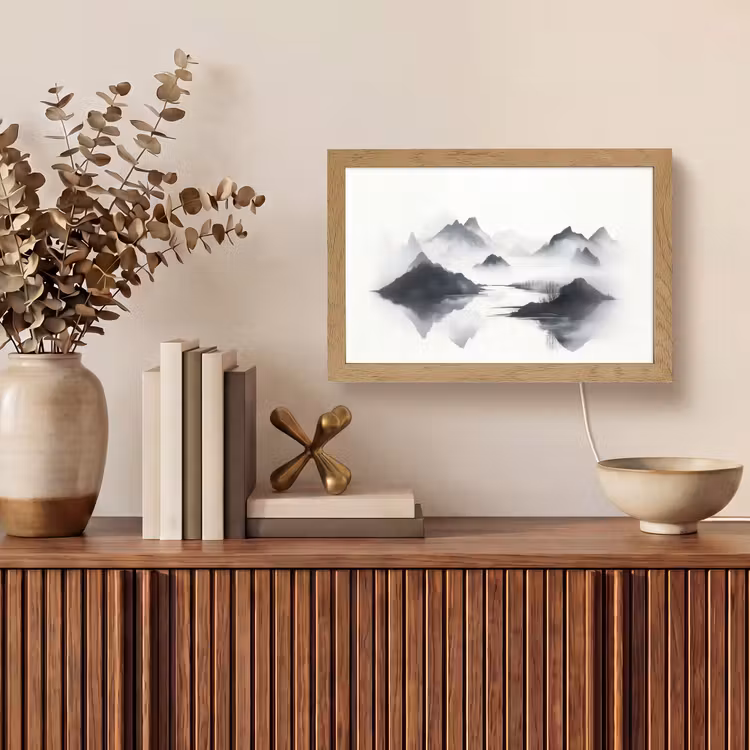 Bergen - Mistig - Water - Wit Light Box met kabel (Tafellamp) klein -sfeer2