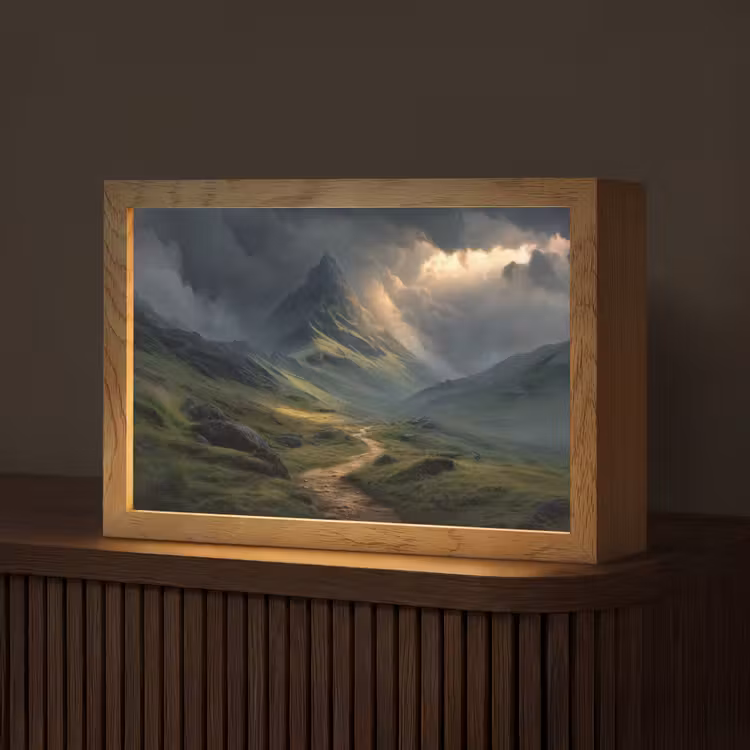 Bergen - Kronkelpad - Groen - Wolken Light Box met kabel (Tafellamp) klein -z3d_website