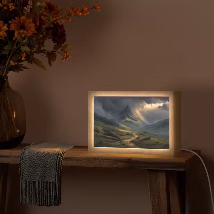 Bergen - Kronkelpad - Groen - Wolken Light Box met kabel (Tafellamp) klein -sfeer4