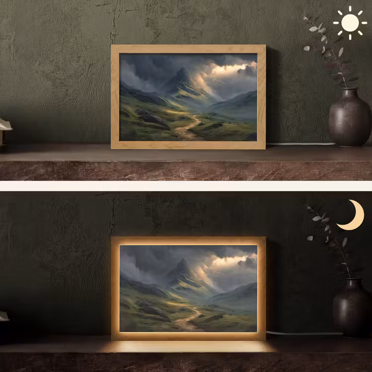 Bergen - Kronkelpad - Groen - Wolken Light Box met kabel (Tafellamp) klein -sfeer3
