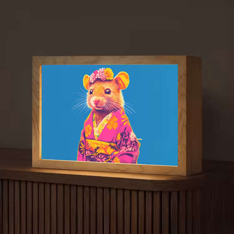 Muis - Kimono - Bloemen - Blauw Light Box met kabel (Tafellamp) klein -z3d_website