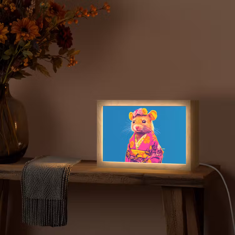 Muis - Kimono - Bloemen - Blauw Light Box met kabel (Tafellamp) klein -sfeer4