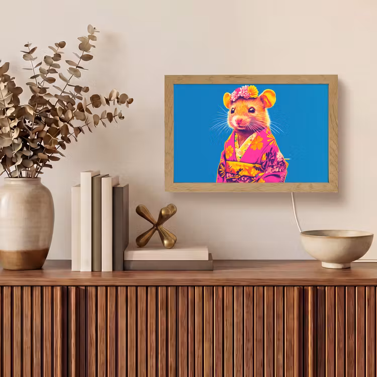 Muis - Kimono - Bloemen - Blauw Light Box met kabel (Tafellamp) klein -sfeer2
