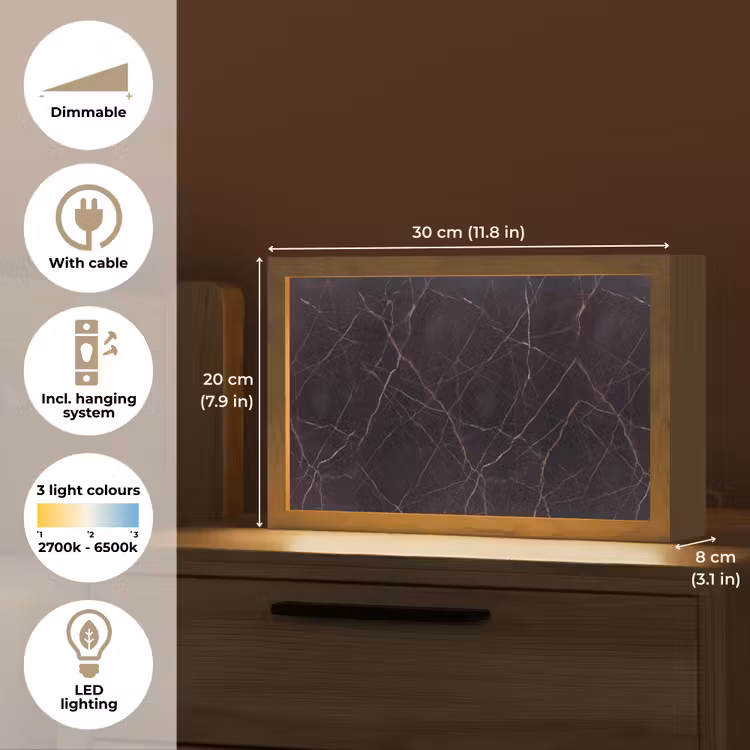 Natuursteen - Marmerpatroon - Abstract - Modern - Zwart - Goud Light Box met kabel (Tafellamp) klein -USP_EN