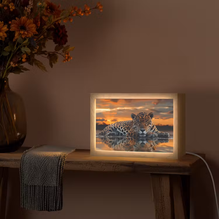 Natuur - Luipaard - Dier - Zonsondergang - Modern Light Box met kabel (Tafellamp) klein -sfeer4