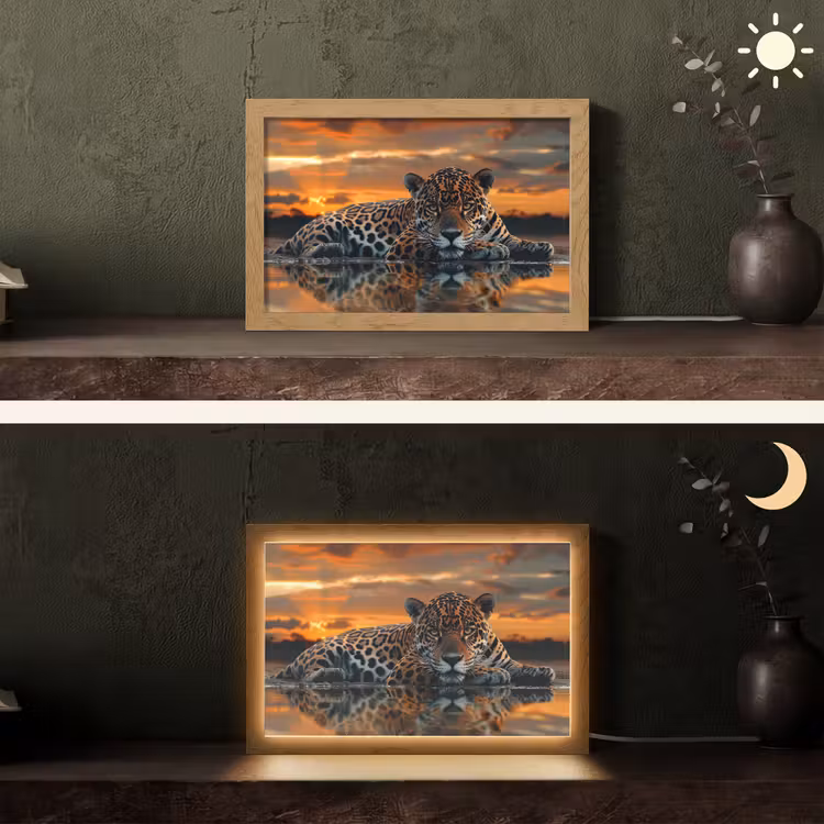 Natuur - Luipaard - Dier - Zonsondergang - Modern Light Box met kabel (Tafellamp) klein -sfeer3