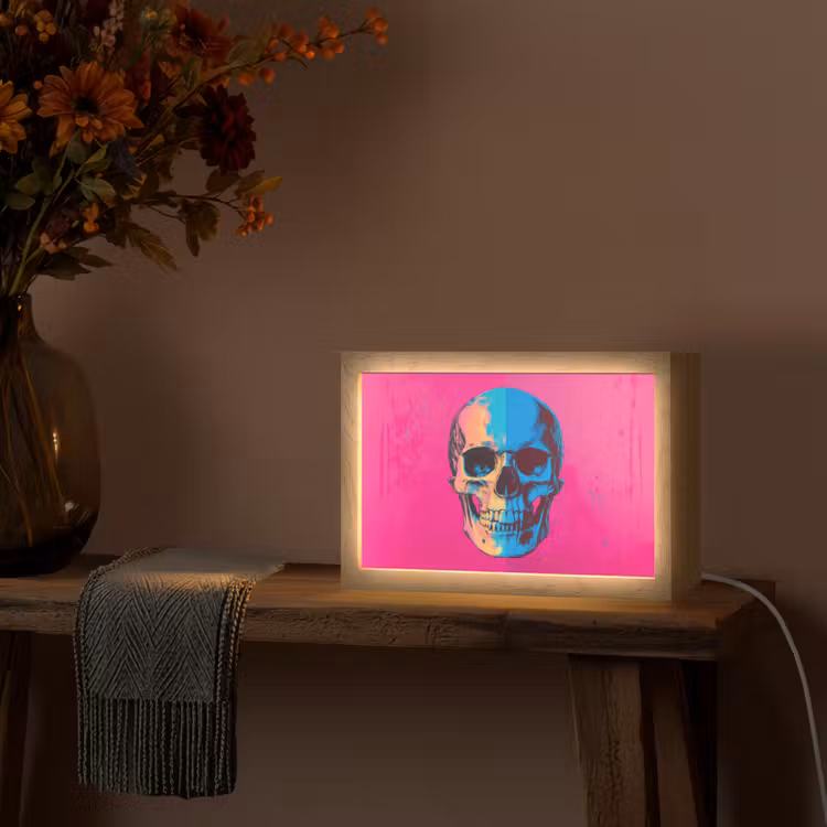 Neon - Blauw - Pop-art - Schedel Light Box met kabel (Tafellamp) klein -sfeer4