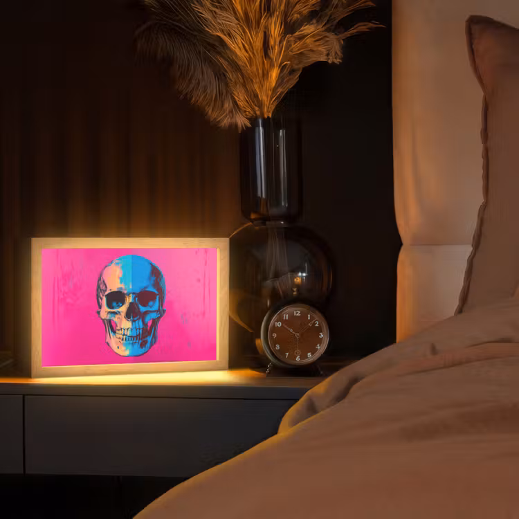 Neon - Blauw - Pop-art - Schedel Light Box met kabel (Tafellamp) klein -sfeer1