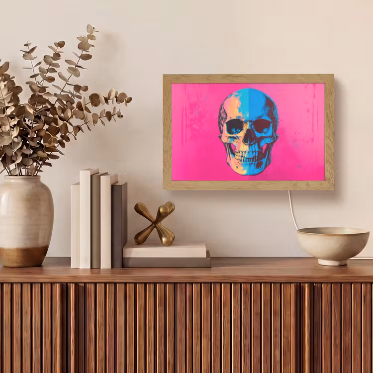 Neon - Blauw - Pop-art - Schedel Light Box met kabel (Tafellamp) klein -sfeer2