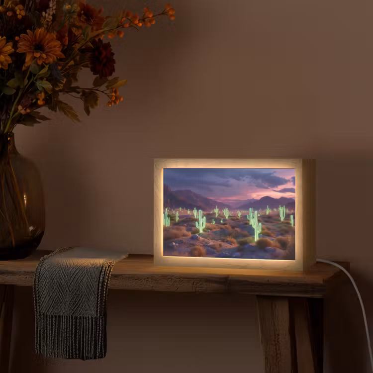 Neon cactussen - Woestijn - Zonsondergang Light Box met kabel (Tafellamp) klein -sfeer4